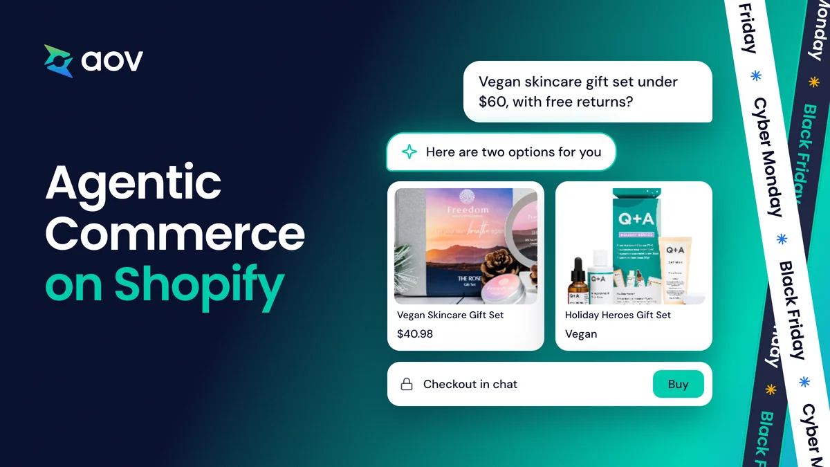 Chat boxes: a shopper asks for a vegan gift set, AI shows two products and a Buy button, next to Agentic Commerce on Shopify