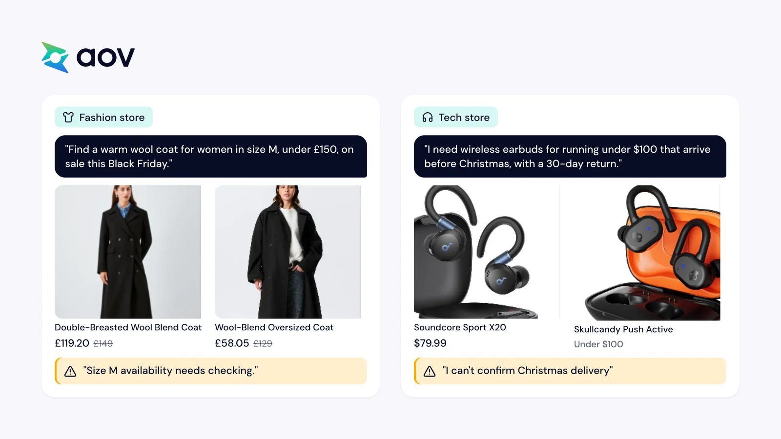 Two ChatGPT tests: wool coats with sale and original prices, and running earbuds, each with what ChatGPT could not confirm