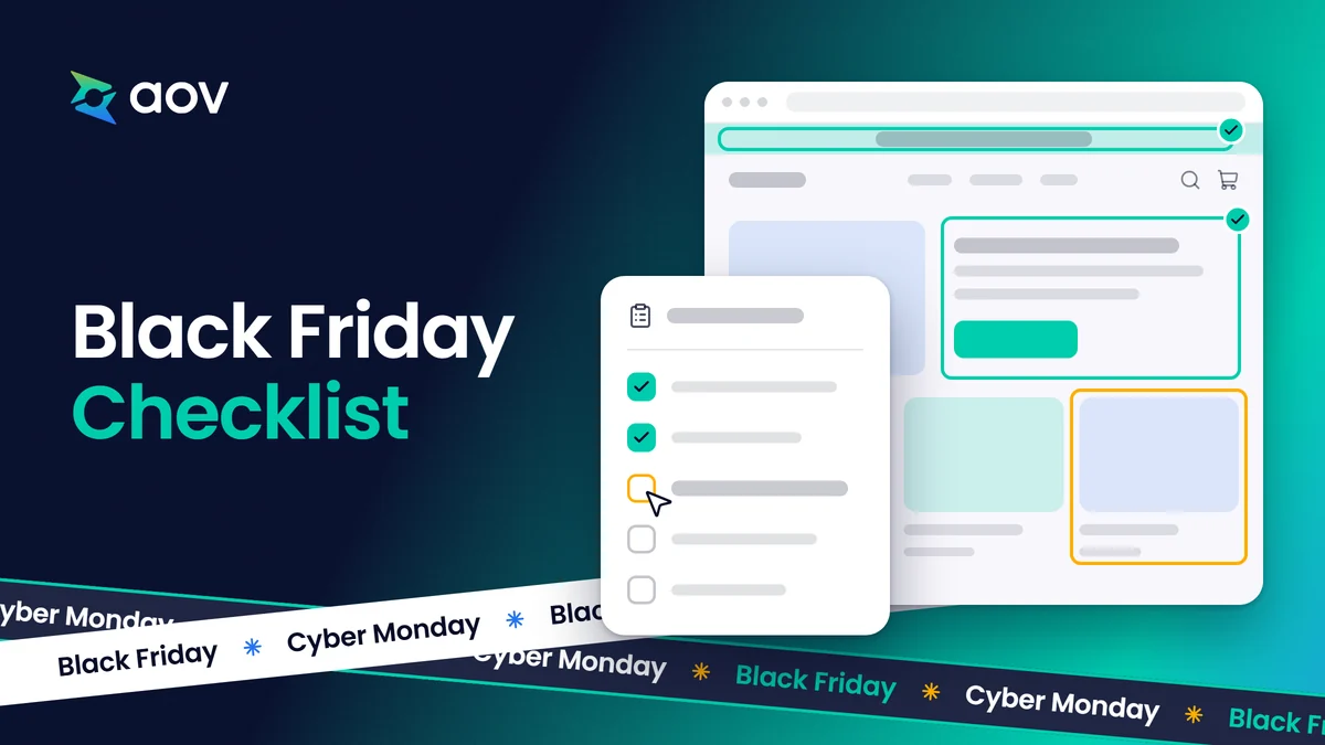 The title Black Friday Checklist beside a store page and a checklist of five lines: two ticked, one being checked.
