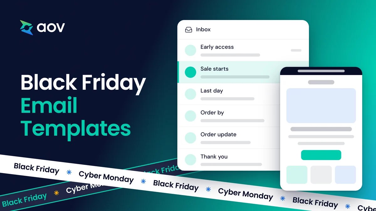 The title Black Friday Email Templates beside an inbox of six sale emails, with the sale starts email open