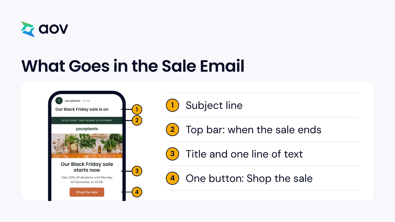 A phone shows a Black Friday sale email for a plant store, with four numbered parts from the subject line to the button