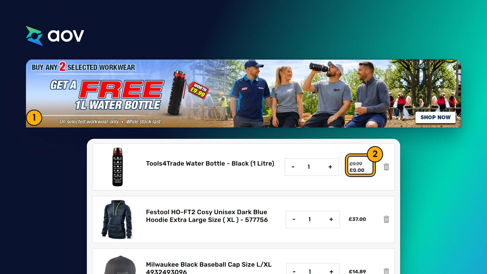 Tools4Trade banner Buy any 2 selected workwear, get a free 1L water bottle, above a cart where the bottle costs £0.00.