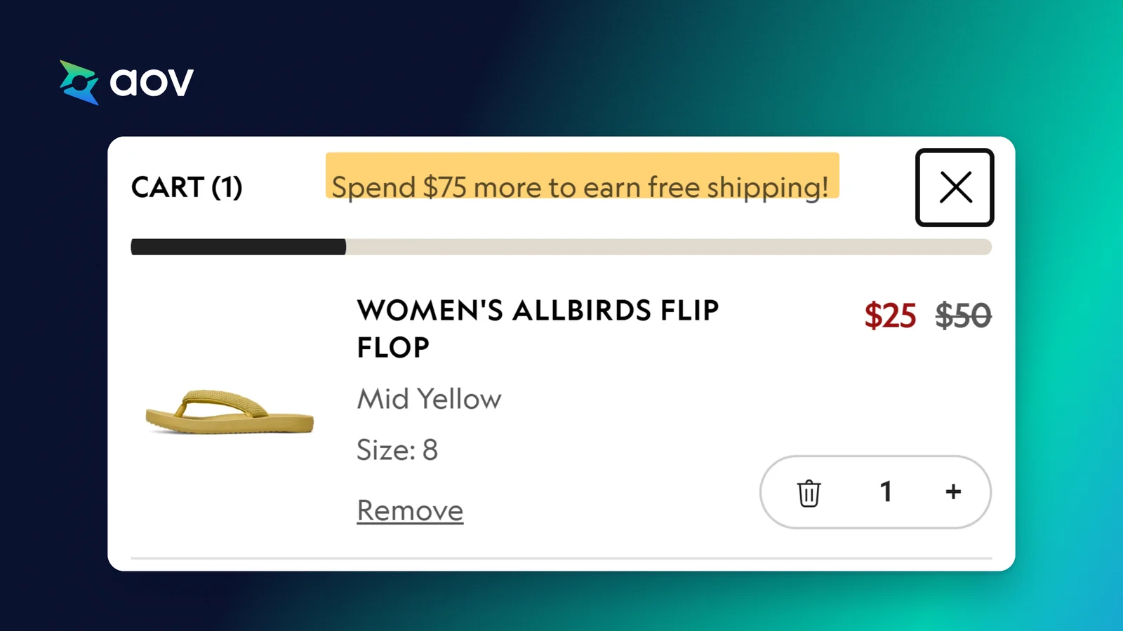 Top of the Allbirds cart: the line Spend $75 more to earn free shipping, a progress bar, and one product at $25.