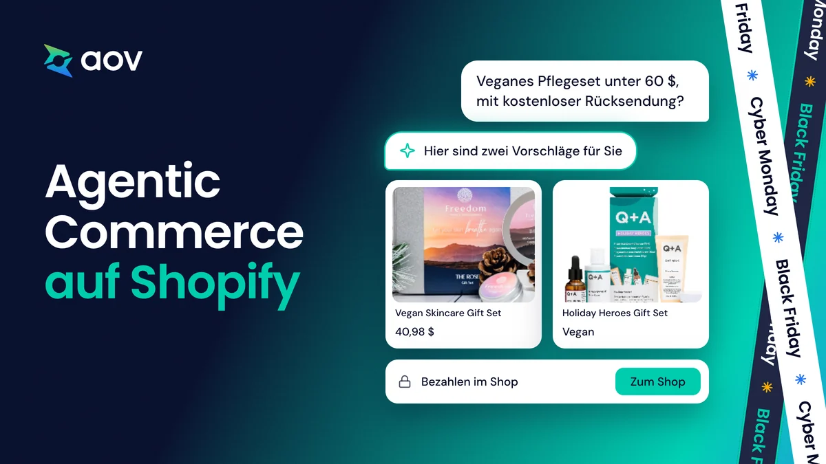 Ein Chatfenster: Eine Kundin fragt nach einem veganen Geschenkset, die KI zeigt zwei Produkte und einen Button zum Shop, daneben der Titel Agentic Commerce auf Shopify