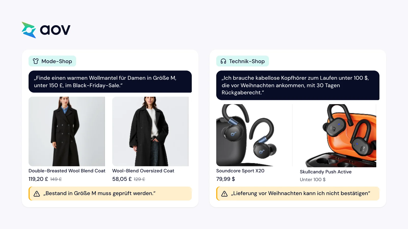 Zwei ChatGPT-Tests: Wollmäntel mit Sale-Preis und Originalpreis sowie Kopfhörer zum Laufen, jeweils mit dem, was ChatGPT nicht bestätigen konnte
