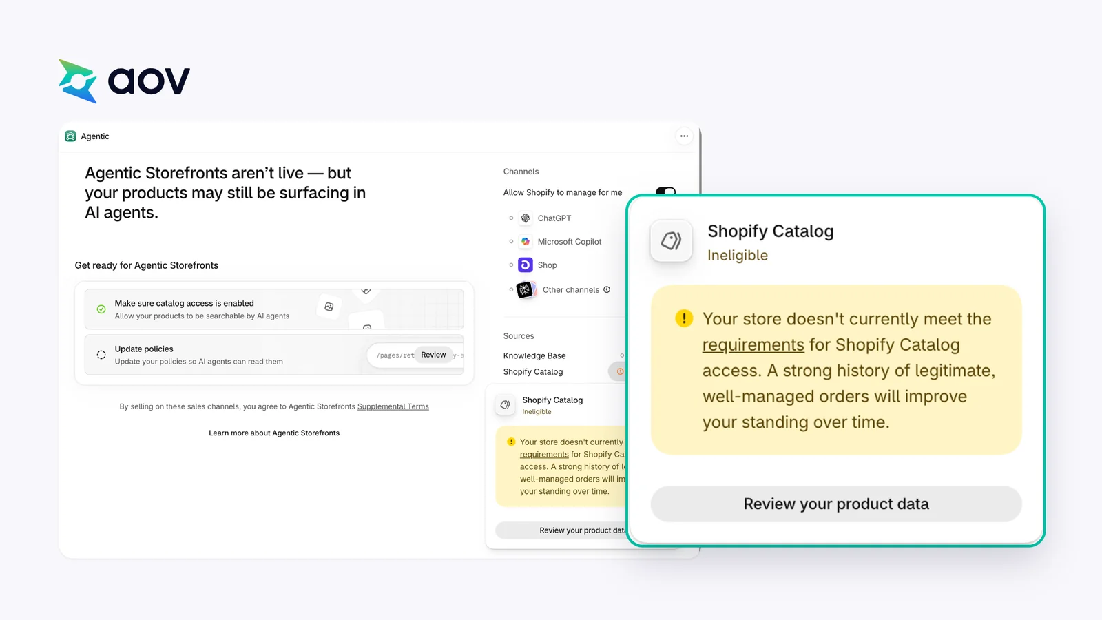 Die Agentic-Seite eines Testshops im Shopify-Adminbereich, Oberfläche auf Englisch, mit Shopify Catalog als Ineligible markiert und dem angezeigten Grund