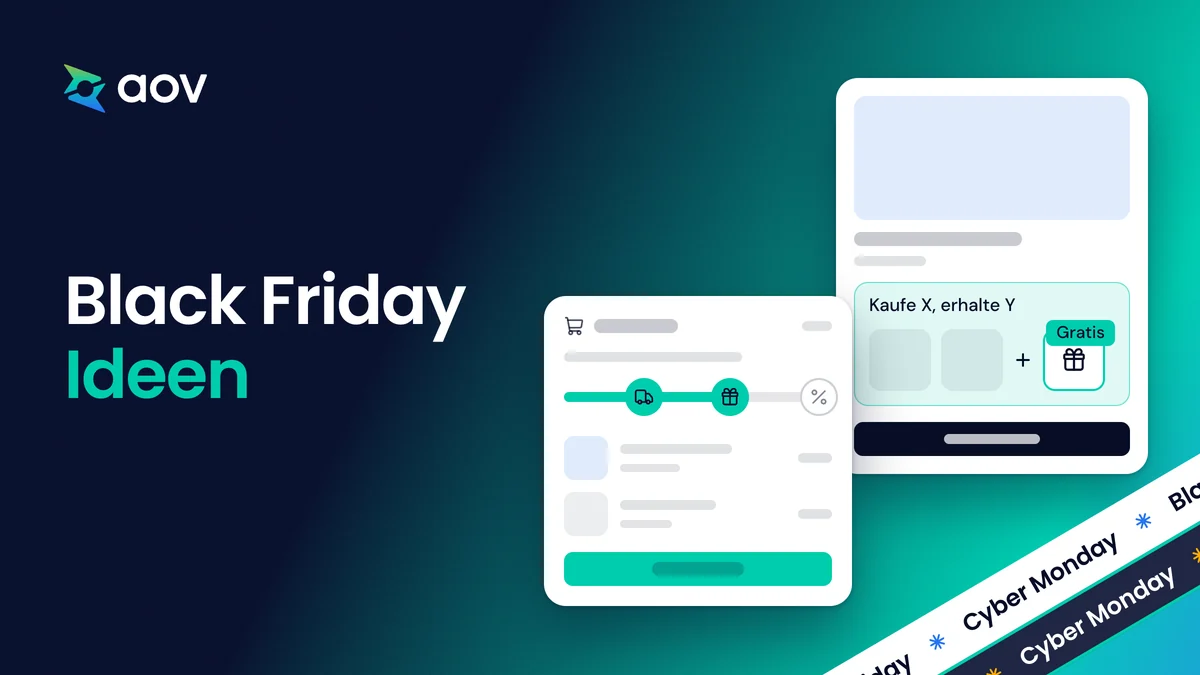 Der Titel Black Friday Ideen neben einer Produktkarte mit Kaufe X, erhalte Y und einem Warenkorb mit Belohnungsleiste.