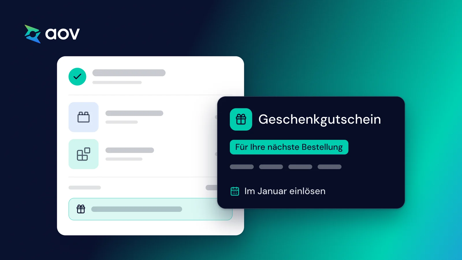 Zeichnung einer Spielwaren-Bestellung neben einem Geschenkgutschein: Für Ihre nächste Bestellung, Im Januar einlösen.