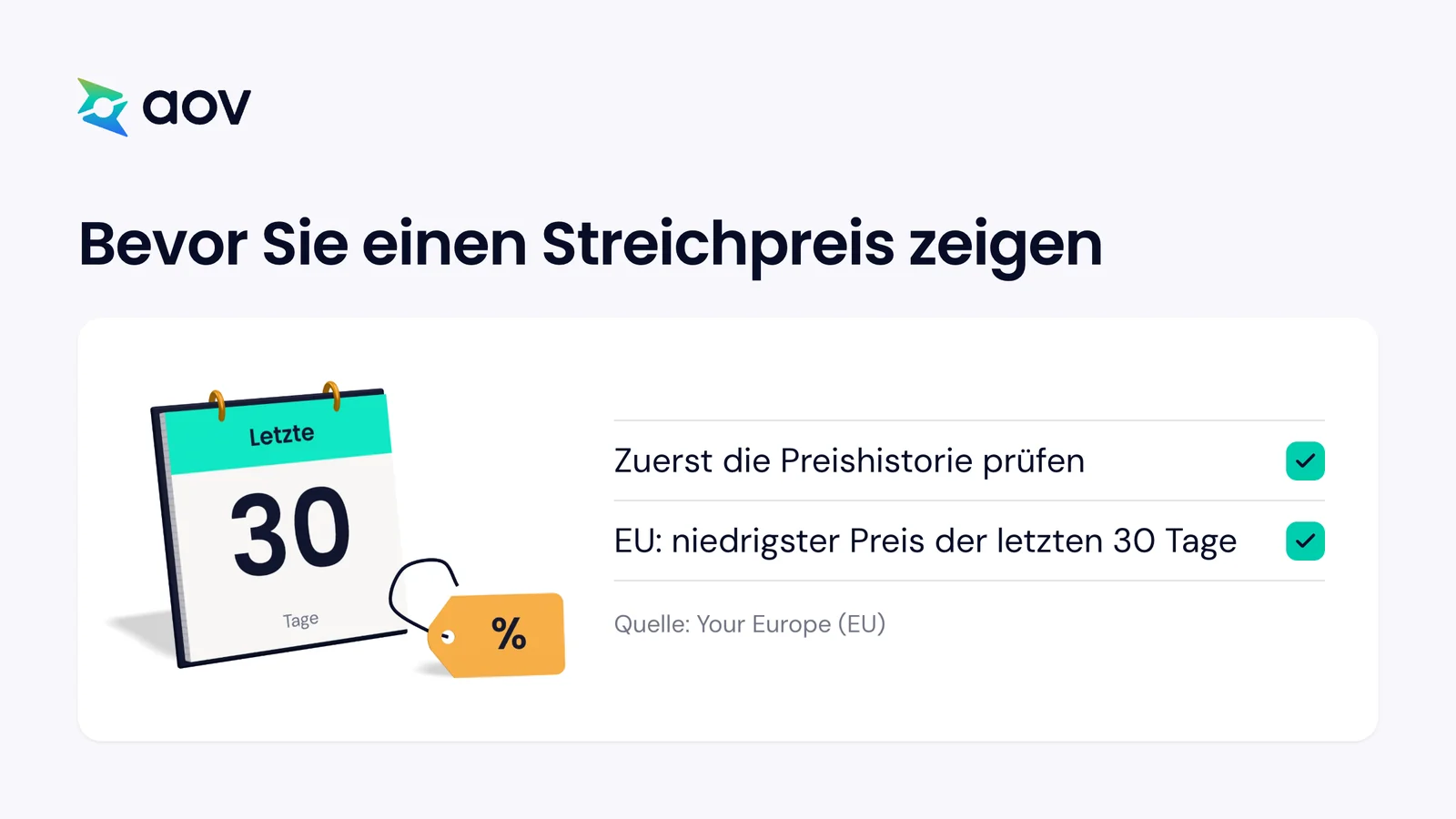 Ein Tischkalender mit den Worten Letzte 30 Tage und ein Preisschild neben zwei Prüfpunkten vor dem Streichpreis.