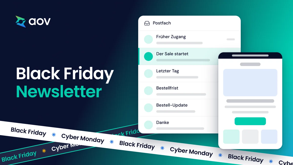 Der Titel Black Friday Newsletter neben einem Postfach mit sechs Sale-E-Mails, die E-Mail zum Sale-Start ist geöffnet.