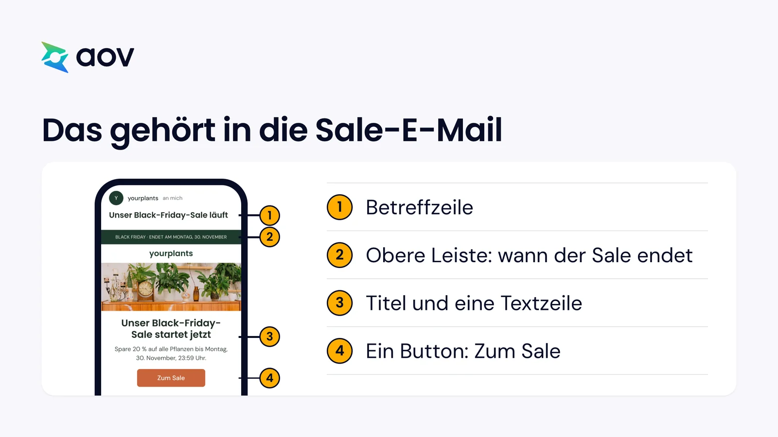 Ein Handy zeigt die Black-Friday-E-Mail eines Pflanzenshops, vier nummerierte Teile führen von der Betreffzeile zum Button
