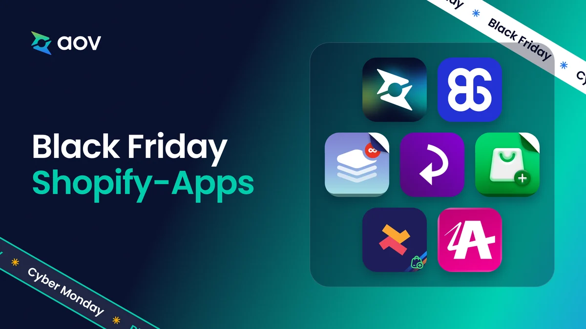 Der Titel Black Friday Shopify-Apps neben sieben App-Logos: AOV.ai, BOGOS, zwei Kaching-Apps, STOQ, Selleasy und Aftersell.