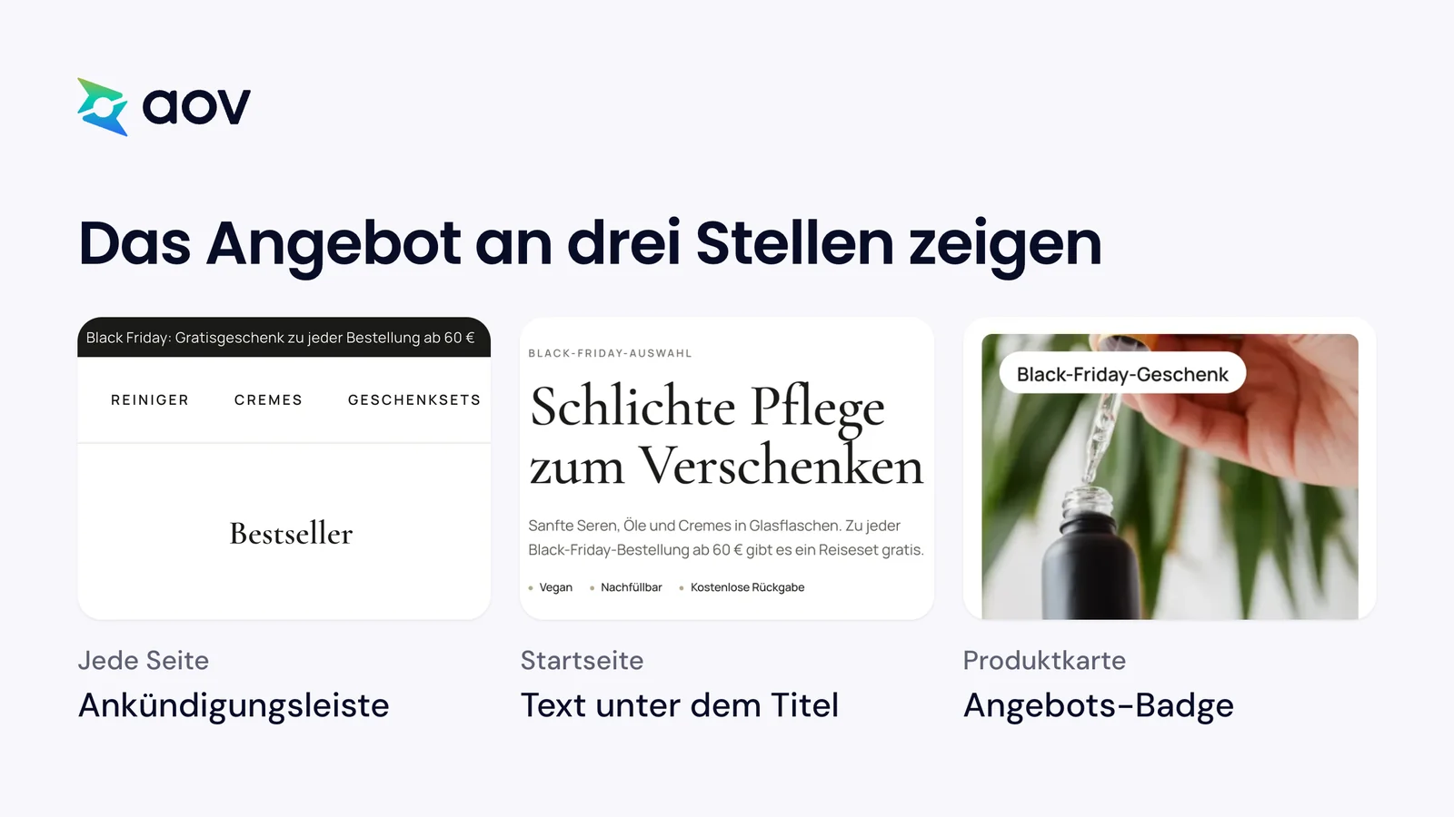 Ein Black-Friday-Angebot an drei Stellen im Shop: Ankündigungsleiste, Text der Startseite und Badge auf einem Produkt.