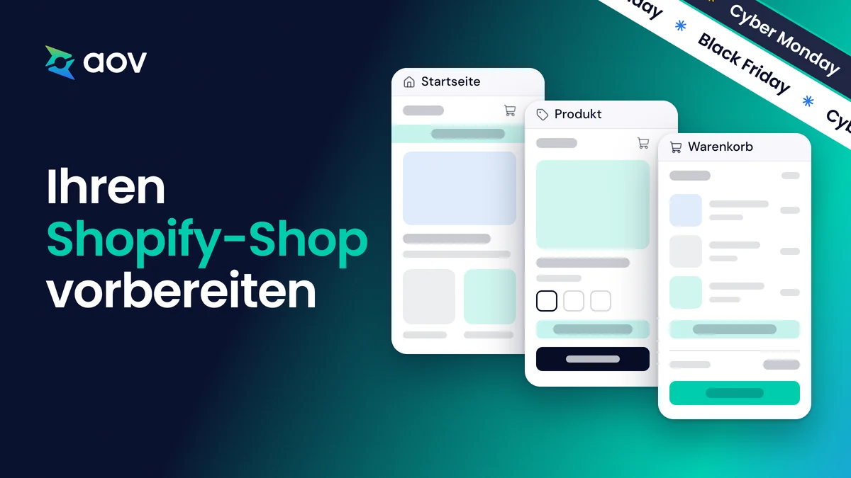 Der Titel „Ihren Shopify-Shop vorbereiten“ neben drei Seiten eines Shops: Startseite, Produktseite und Warenkorb.