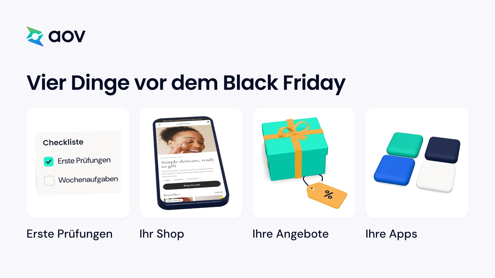 Vier Dinge für die Vorbereitung: erste Prüfungen, Ihr Shop, Ihre Angebote und Ihre Apps.