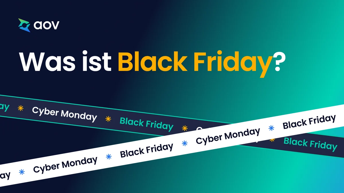 Die Frage „Was ist Black Friday?“ über zwei gekreuzten Bändern mit den Wörtern Black Friday und Cyber Monday.