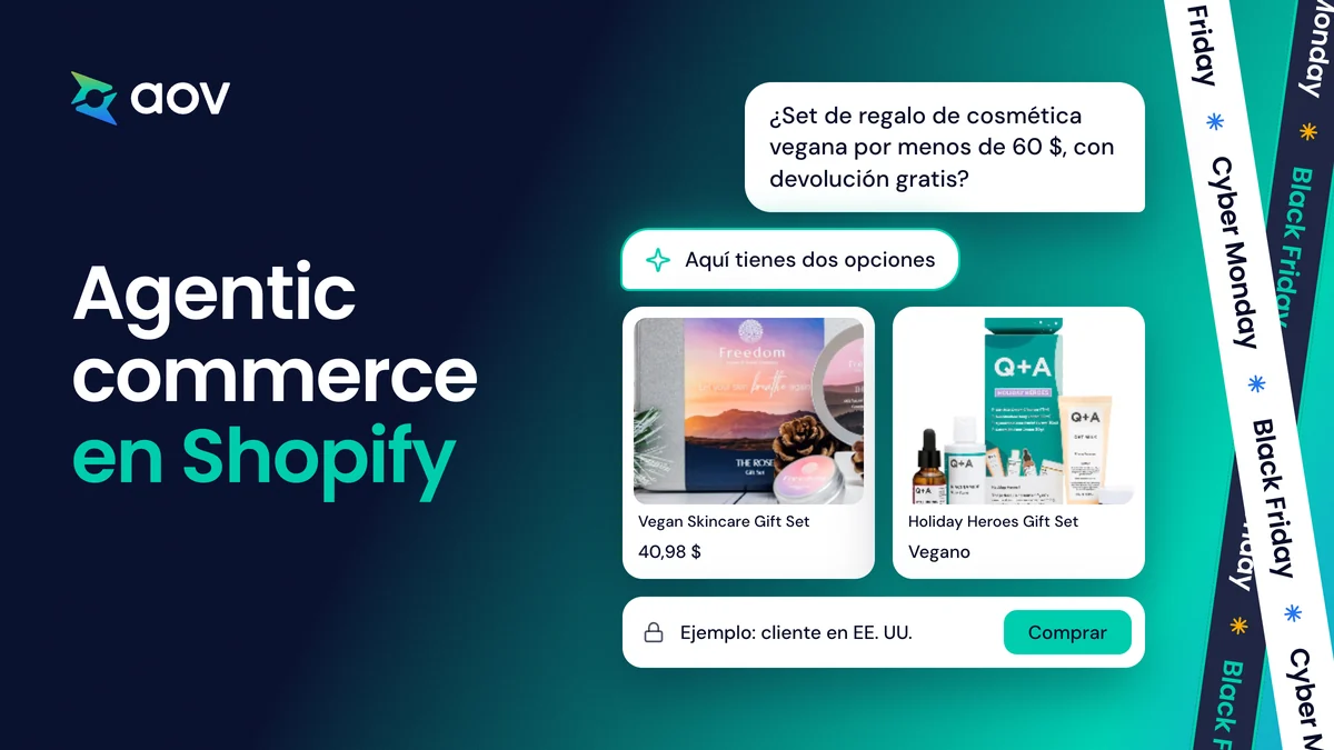 Chat en el que un cliente pide un set de regalo vegano y la IA muestra dos productos, junto a Agentic commerce en Shopify