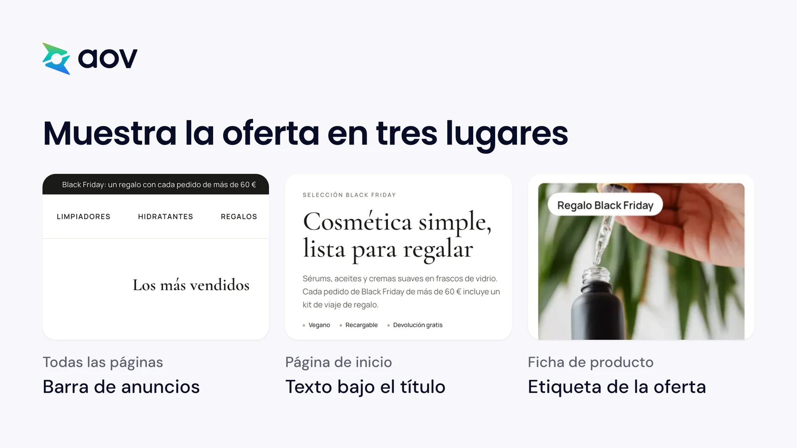 Oferta de Black Friday en tres lugares de una tienda: barra de anuncios, texto de inicio y etiqueta en el producto.
