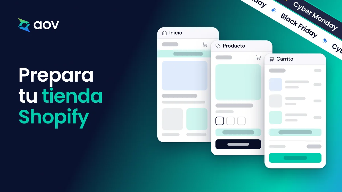 El título Prepara tu tienda Shopify junto a tres pantallas de una tienda: página de inicio, página de producto y carrito.