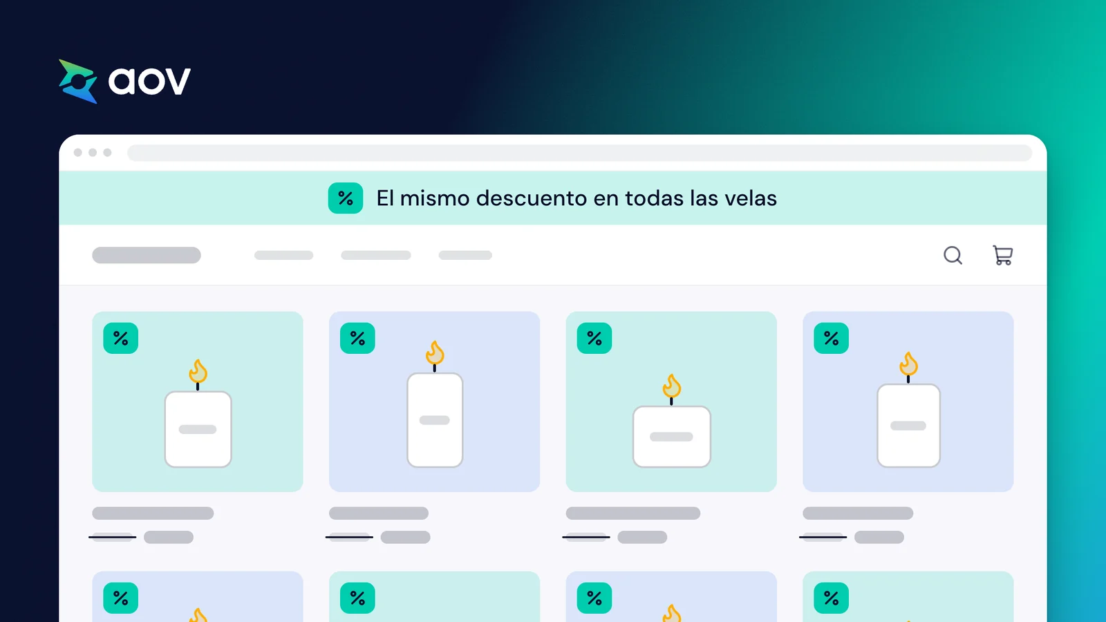 Dibujo de una tienda de velas: una barra dice El mismo descuento en todas las velas y cada producto lleva un porcentaje.