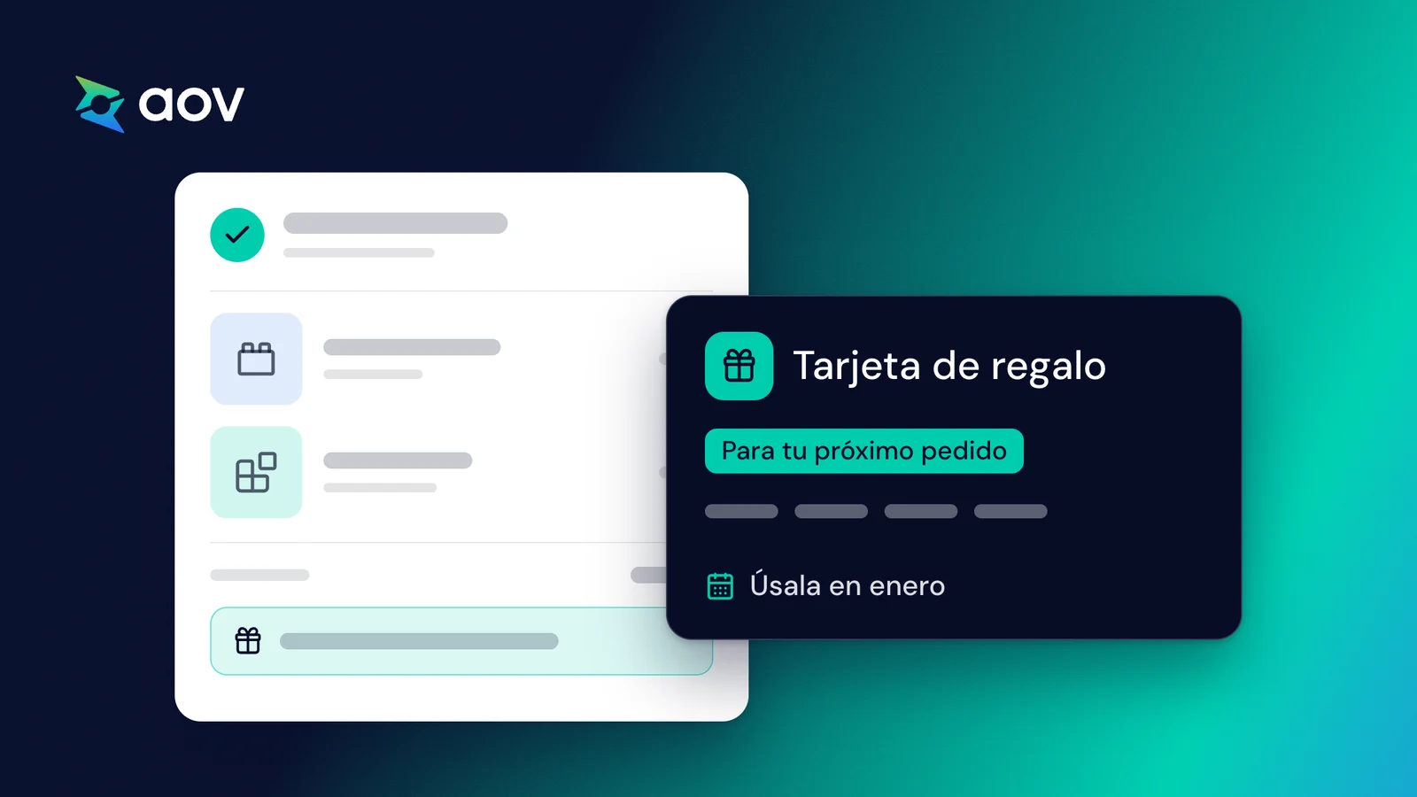 Dibujo de un pedido de juguetes junto a una tarjeta de regalo con los textos Para tu próximo pedido y Úsala en enero.