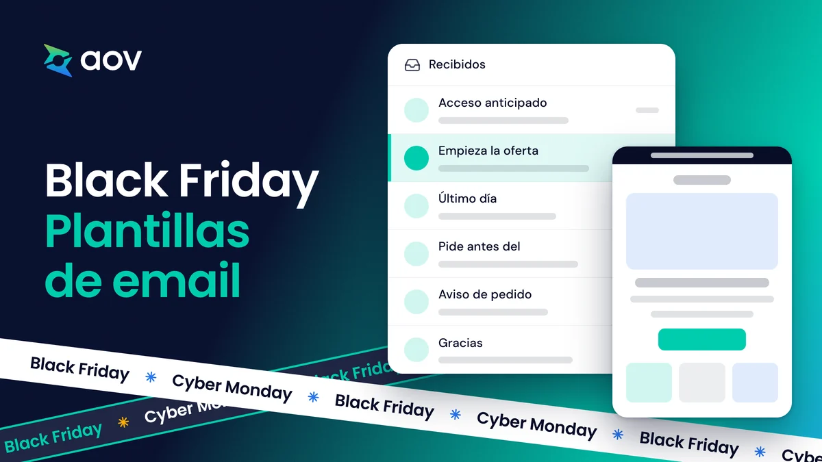 El título Plantillas de email para Black Friday junto a una bandeja con seis emails y el email de apertura delante