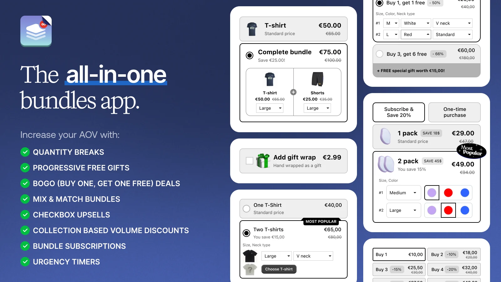 Image de la fiche de Kaching Bundles : widgets d'offres groupées et de remises sur quantité, et huit types d'offre.