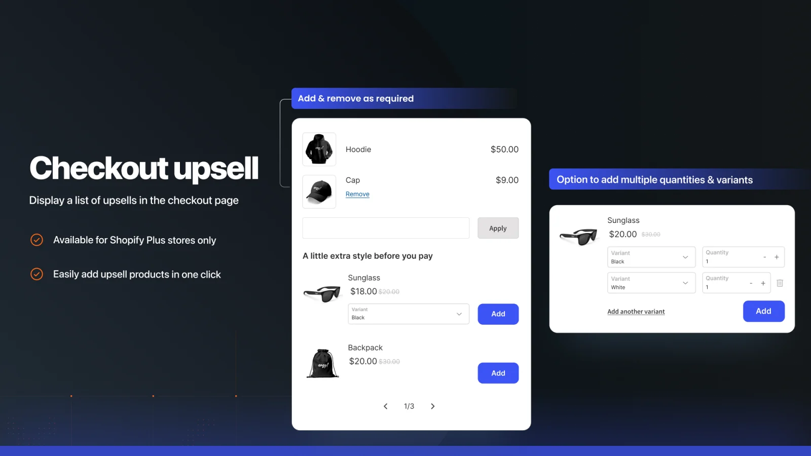 Image de la fiche de Selleasy : une liste de produits en upsell sur la page de paiement, avec un bouton Add par produit.