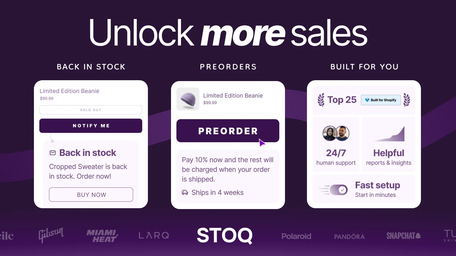 Image de la fiche de STOQ : un bouton Notify me sur un produit épuisé et un bouton Preorder avec paiement partiel.