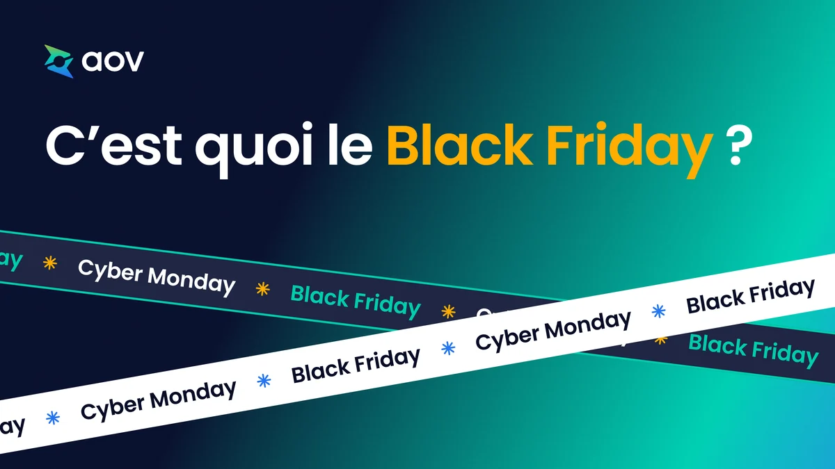 La question « C'est quoi le Black Friday ? » au-dessus de deux bandes croisées portant les mots Black Friday et Cyber Monday.