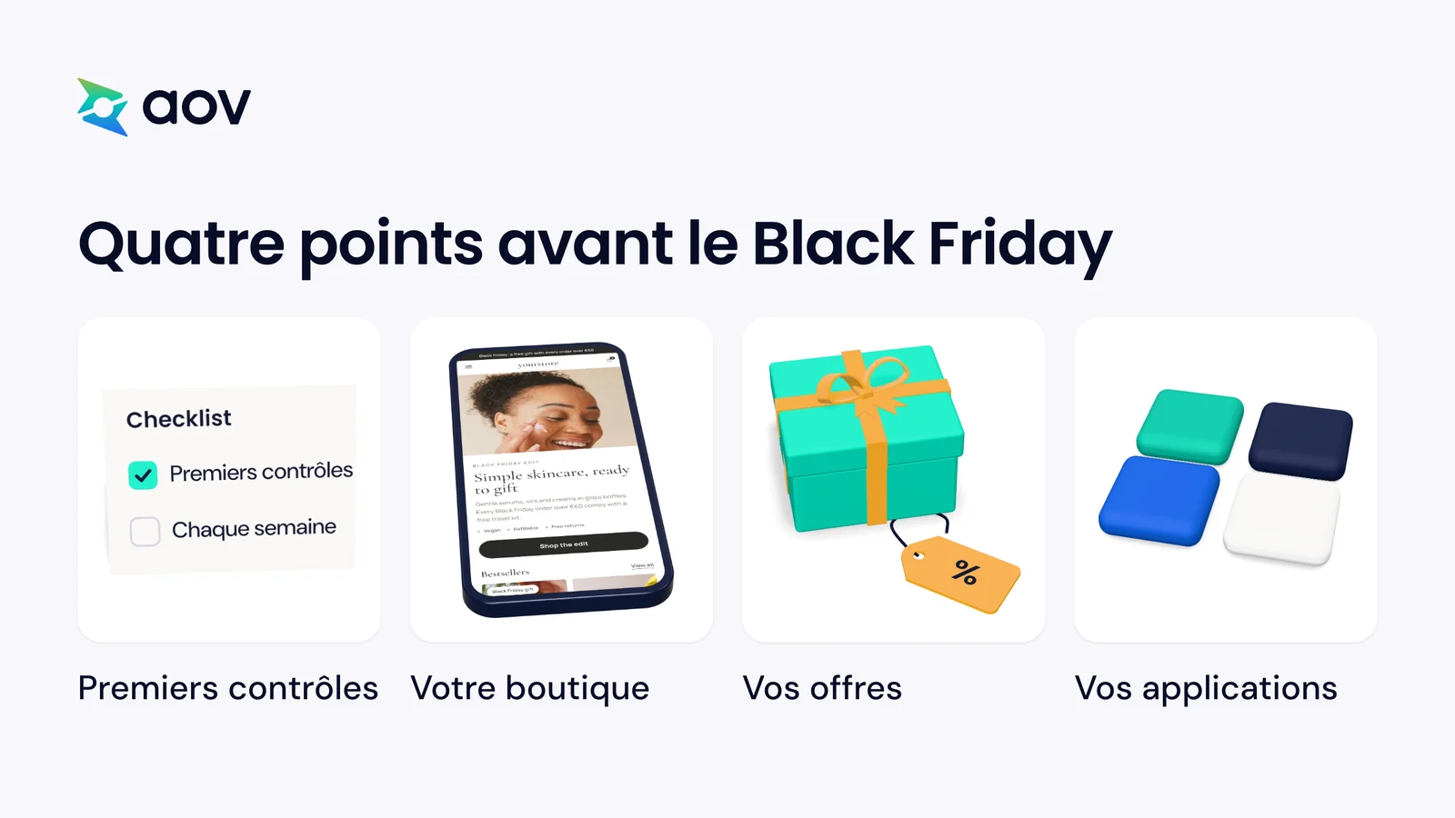 Quatre points à préparer : premiers contrôles, votre boutique, vos offres et vos applications.