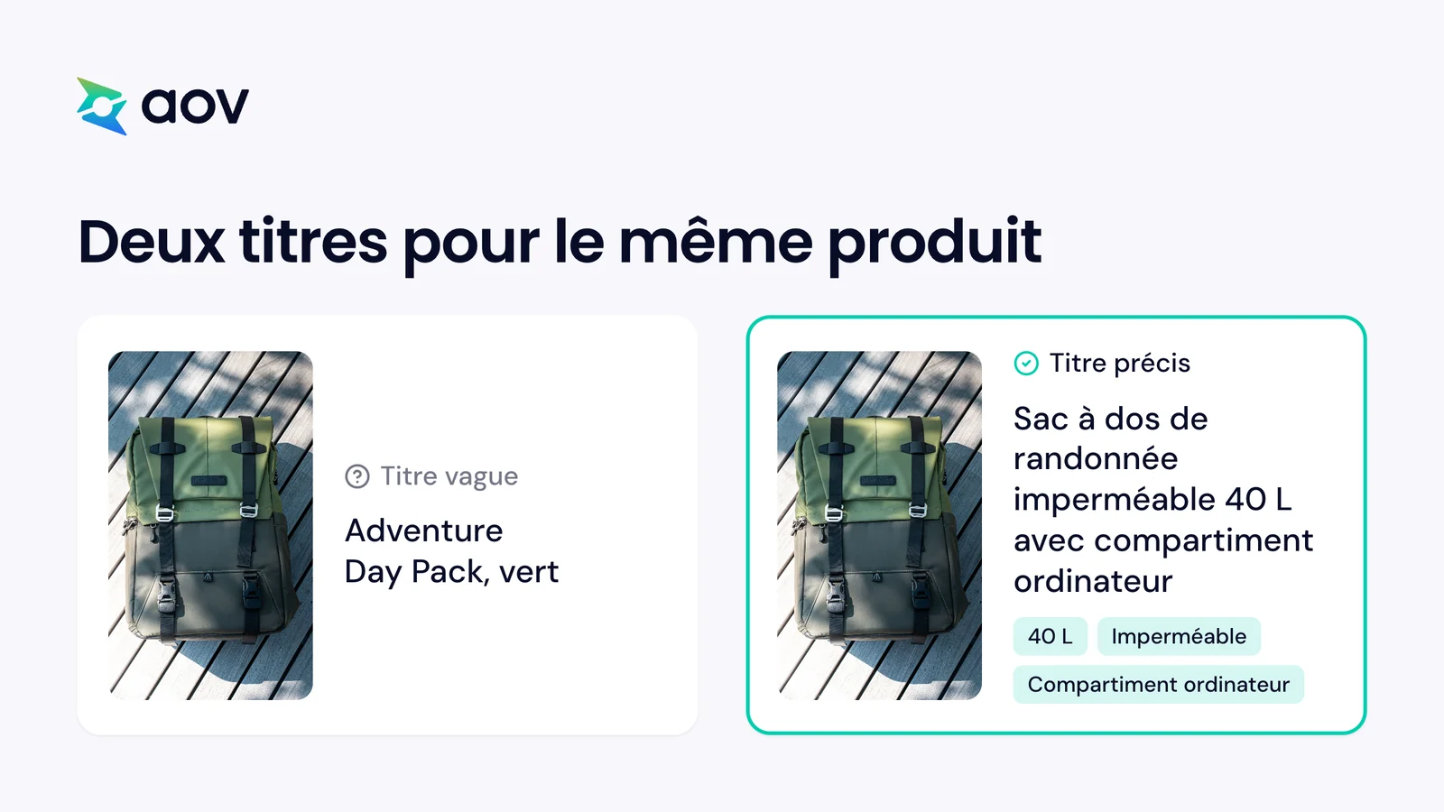 Un sac à dos vert, deux titres : Adventure Day Pack, vert, et Sac à dos de randonnée imperméable 40 L avec compartiment ordinateur