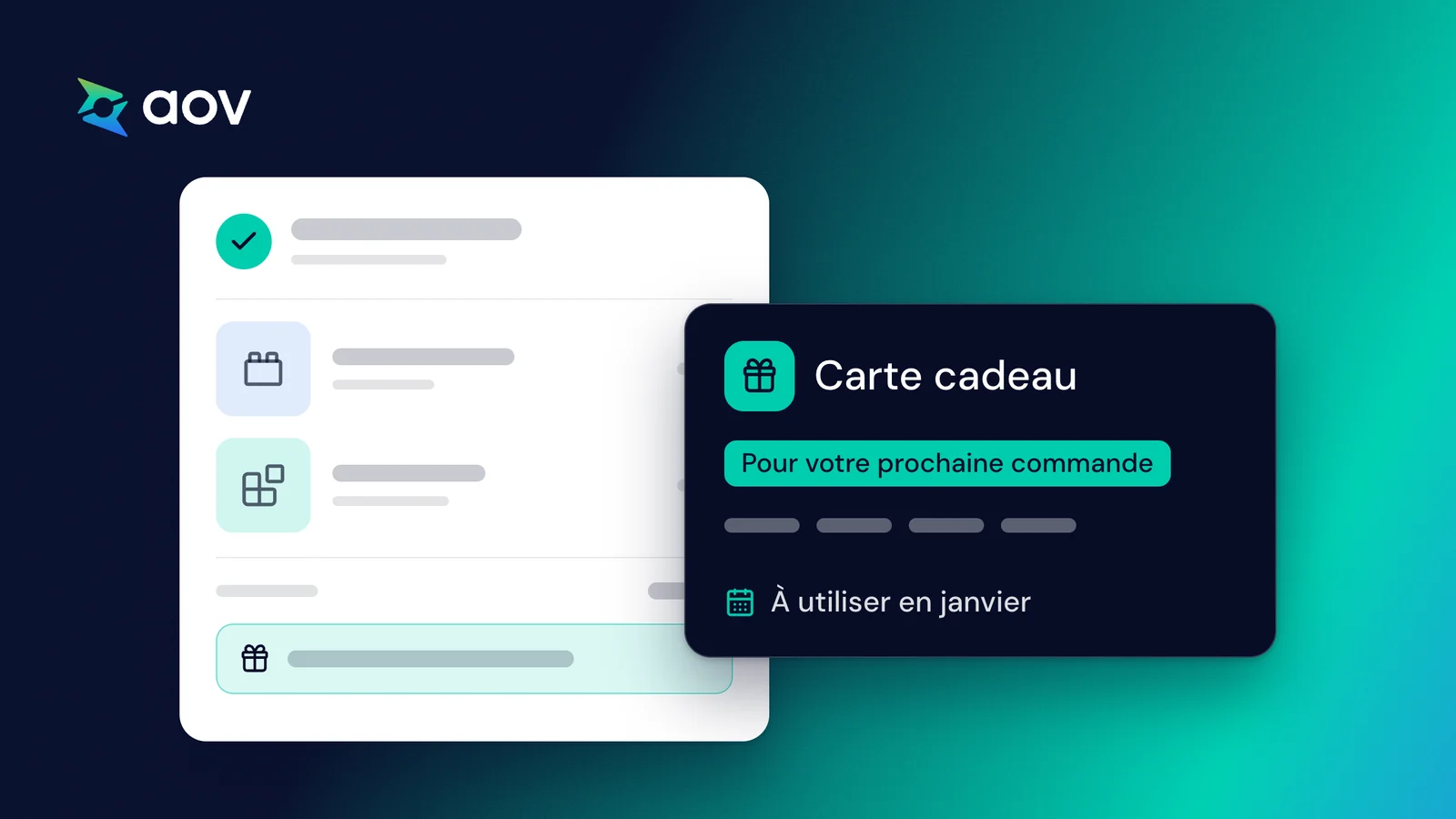 Dessin d'une commande de jouets à côté d'une carte cadeau : Pour votre prochaine commande, À utiliser en janvier.