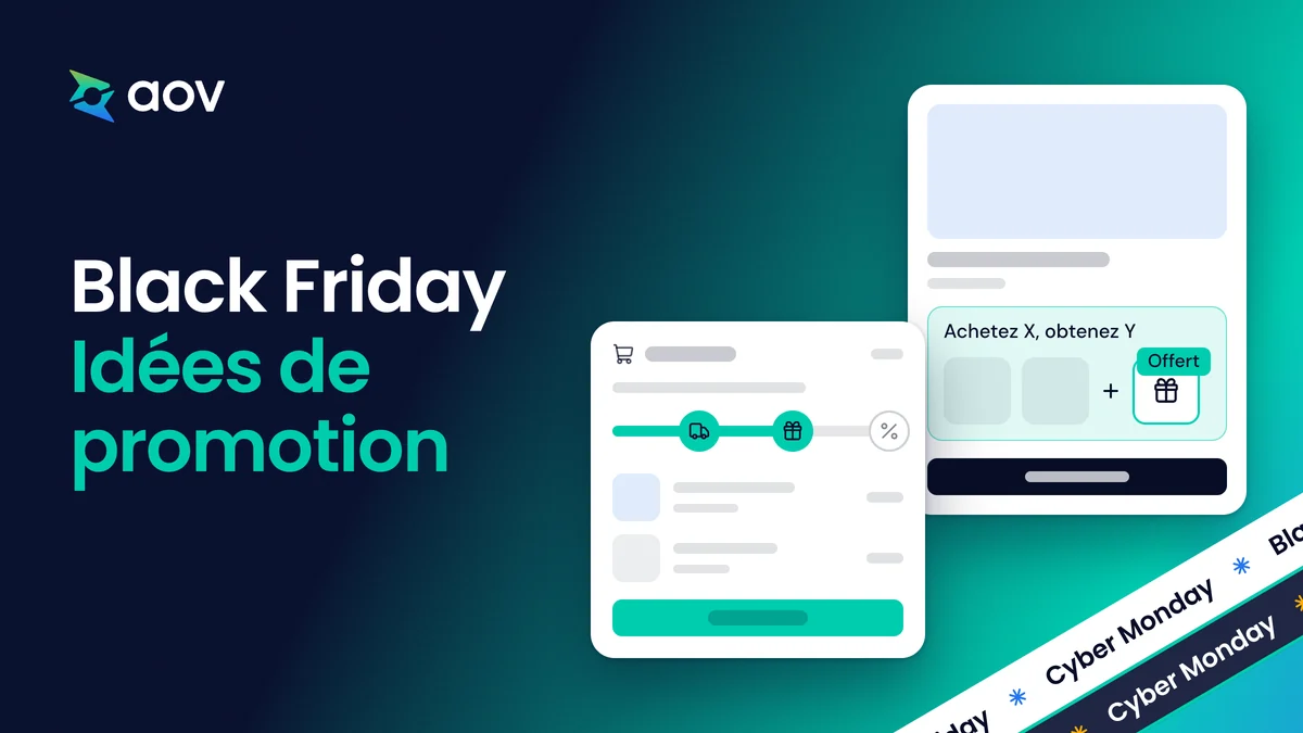 Le titre Black Friday Idées de promotion, une fiche produit avec Achetez X, obtenez Y et un panier avec barre de récompense.