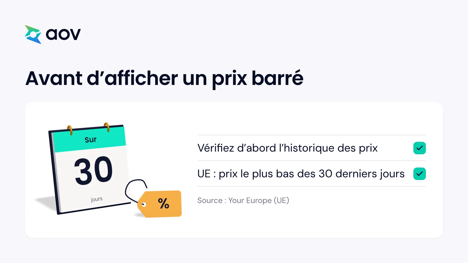 Un calendrier de bureau Sur 30 jours et une étiquette de prix, à côté de deux vérifications avant d'afficher un prix barré.