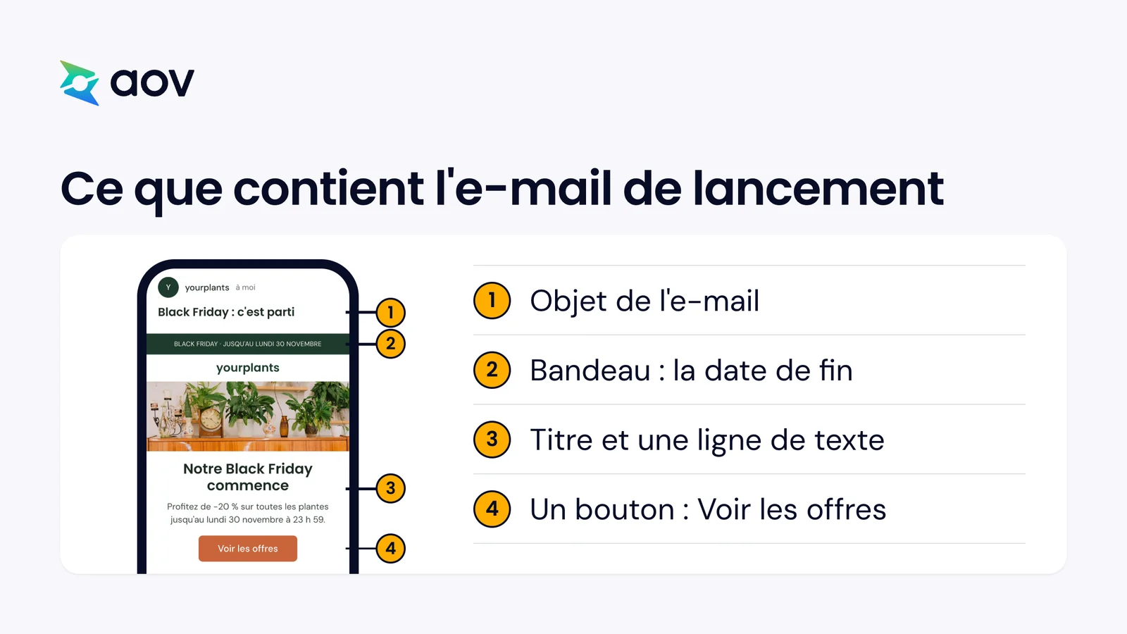 Un téléphone affiche l'e-mail Black Friday d'une boutique de plantes, avec quatre parties numérotées, de l'objet au bouton