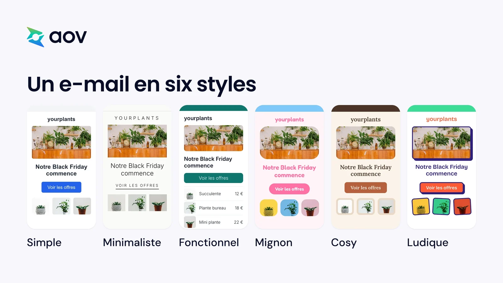 Le même e-mail Black Friday en six styles : Simple, Minimaliste, Fonctionnel, Mignon, Cosy et Ludique