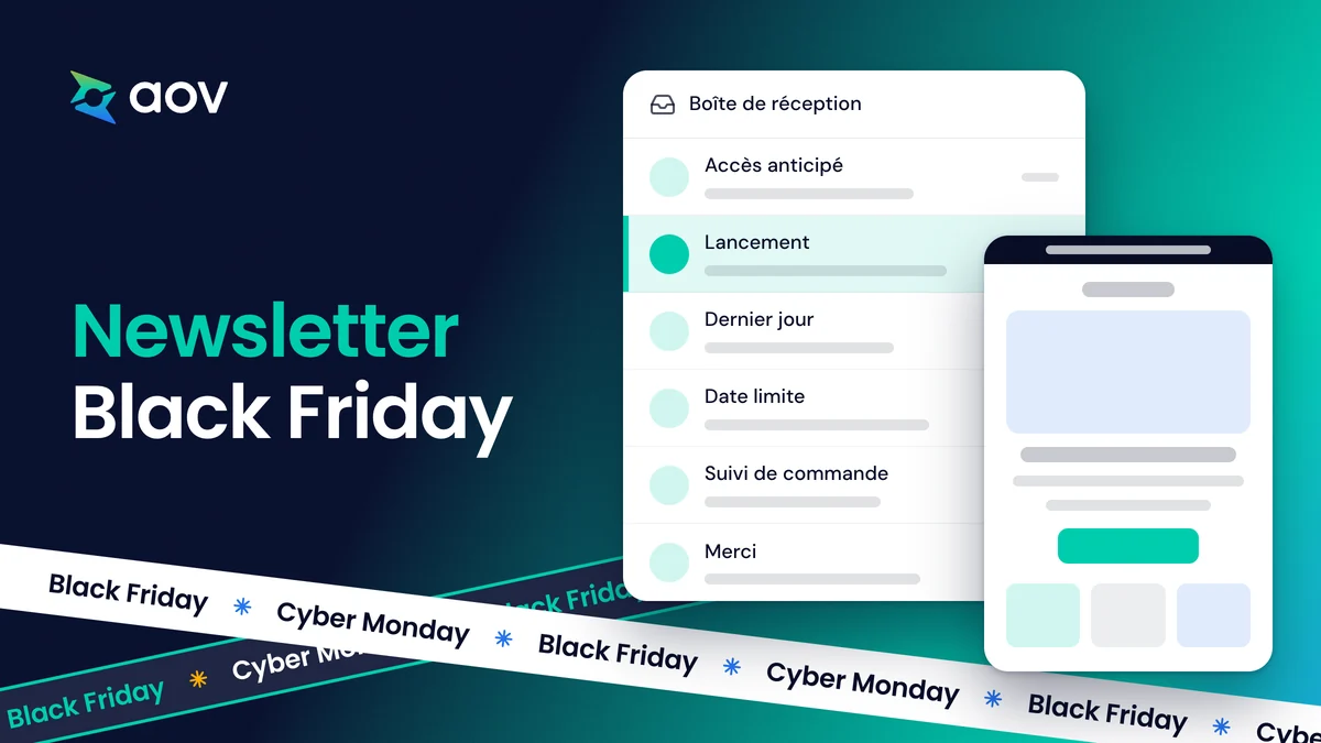 Le titre Newsletter Black Friday à côté d'une boîte de réception avec six e-mails, l'e-mail de lancement est ouvert.