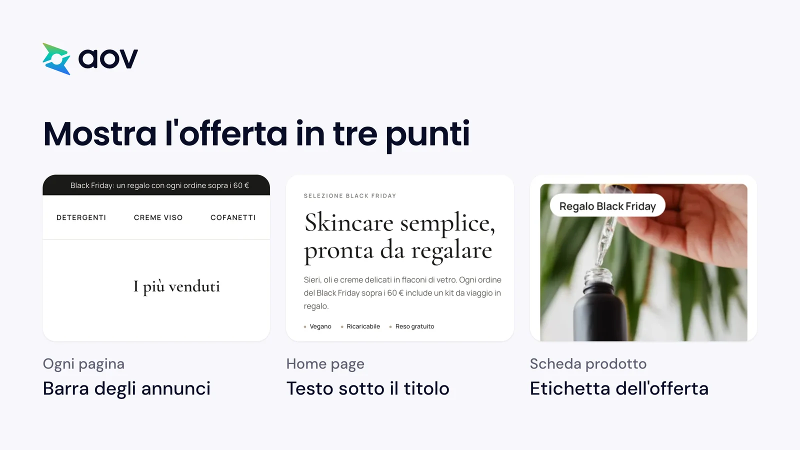 Un negozio mostra un'offerta Black Friday in tre punti: barra degli annunci, testo della home page ed etichetta sul prodotto.