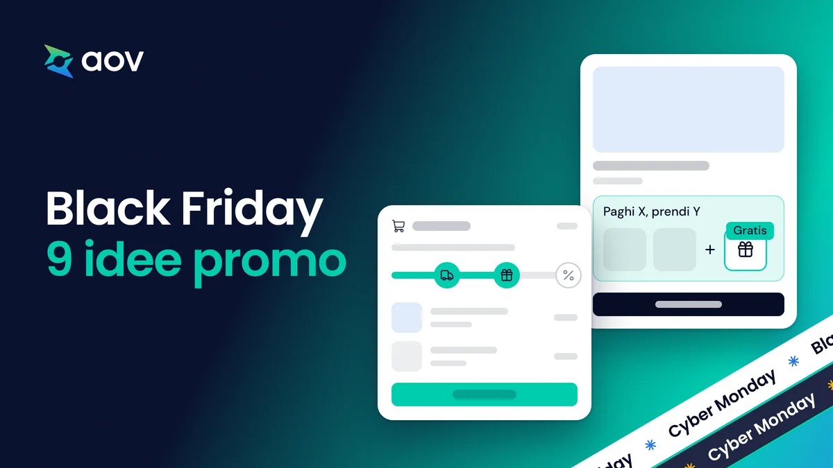 Il titolo Black Friday, 9 idee promo accanto a una scheda con l'offerta Paghi X, prendi Y e a un carrello con barra premi.