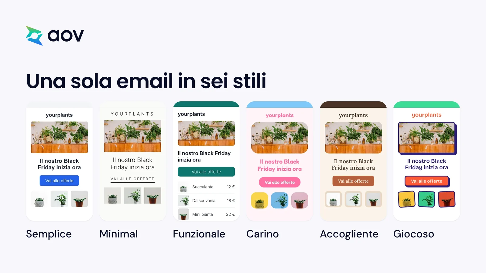 La stessa email del Black Friday in sei stili: Semplice, Minimal, Funzionale, Carino, Accogliente e Giocoso