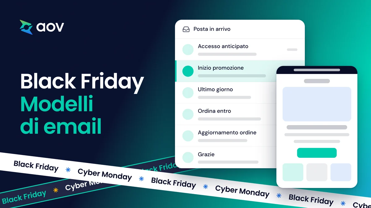 Il titolo Modelli di email per il Black Friday accanto a una casella con sei email e l'email di apertura in primo piano