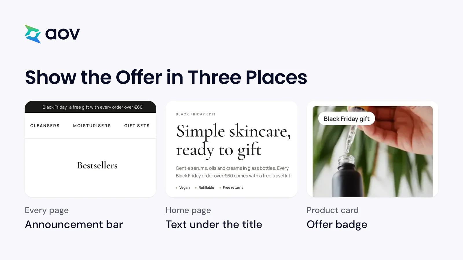 A store page shows a Black Friday offer in three places: the announcement bar, the home page text, and a product badge.