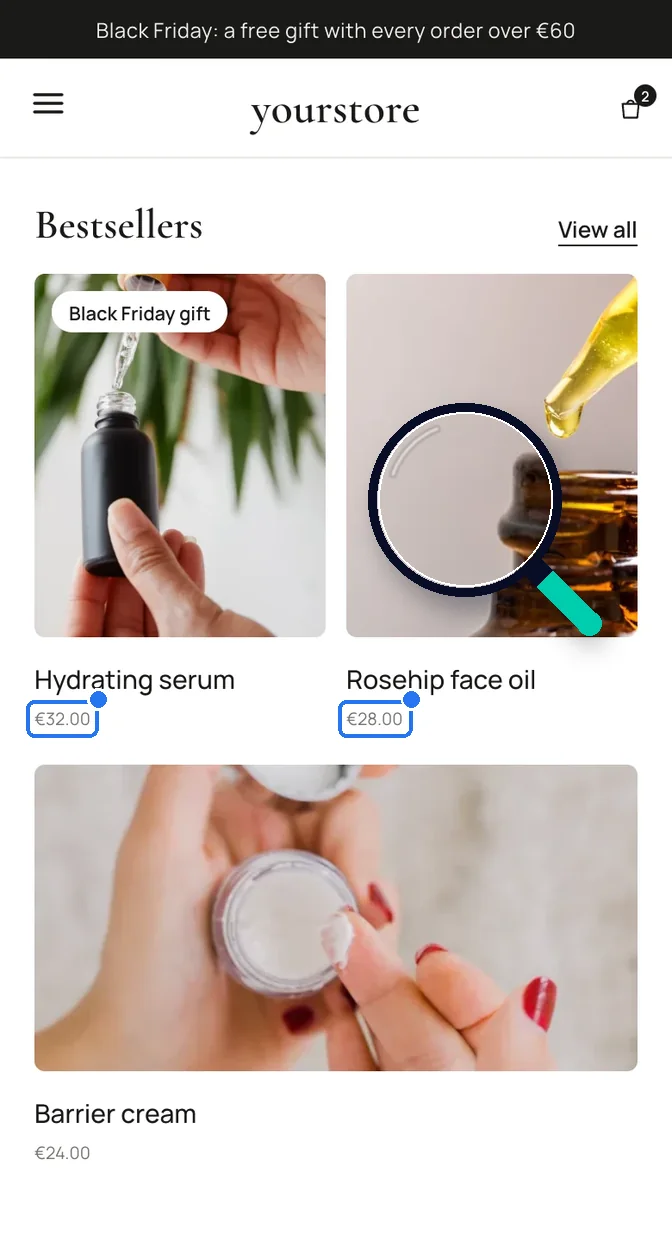 A magnifying glass moves over a store page on a phone and marks two prices set in small text.