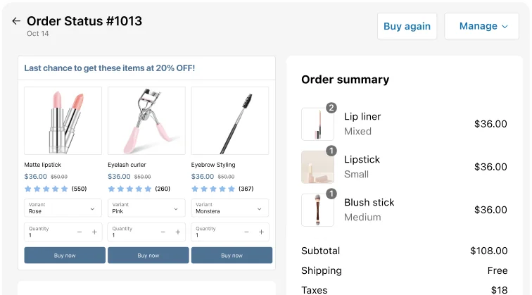 The upsell block on the order status page