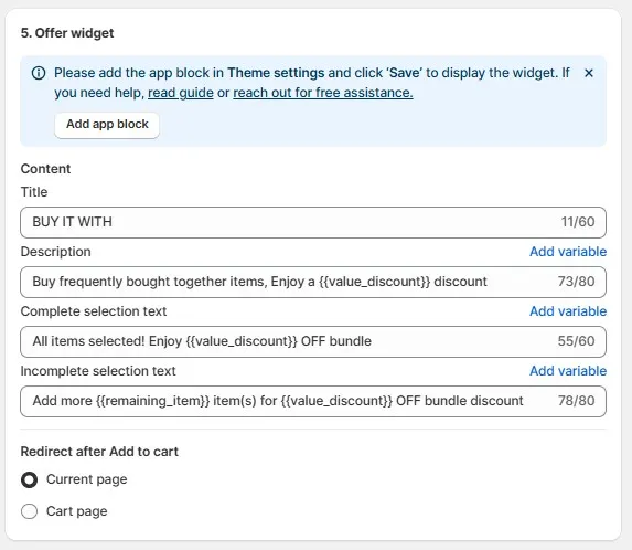 Widget settings for Shopify upsell offers, including cart behavior, CTA, and promotional copy.
