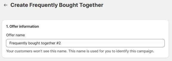 Setting up a Frequently Bought Together upsell campaign with custom offer name in Shopify using AOV Volume Discount Bundles.