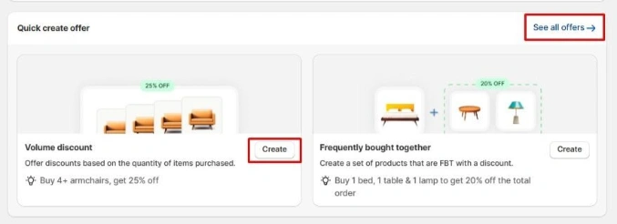 Shopify AOV Volume Discount Bundles app dashboard with options to create upsell offers using volume discount and frequently bought together bundles.