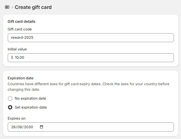 create shopify gift card