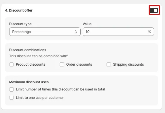 Upsell discount settings in AOV Volume Discount Bundles Shopify app showing percentage-based discount and usage limits.